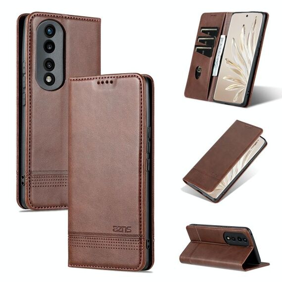 For Honor 90 AZNS Custodia per telefono in pelle a conchiglia con struttura in vitello magnetico (marrone scuro)