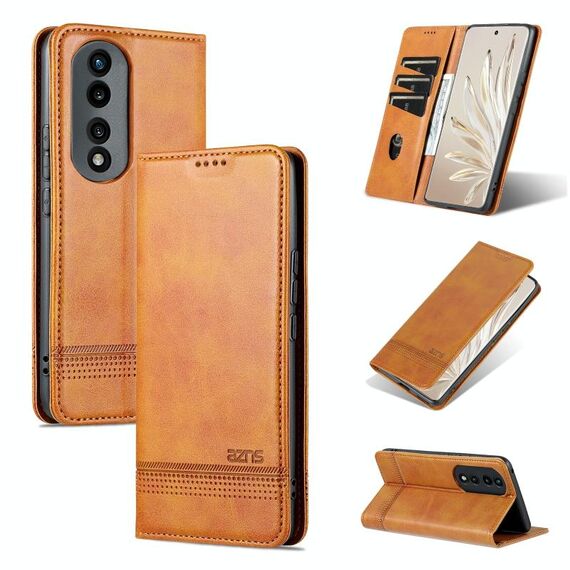 For Honor 90 AZNS Custodia per telefono in pelle con vibrazione magnetica in vitello (marrone chiaro)