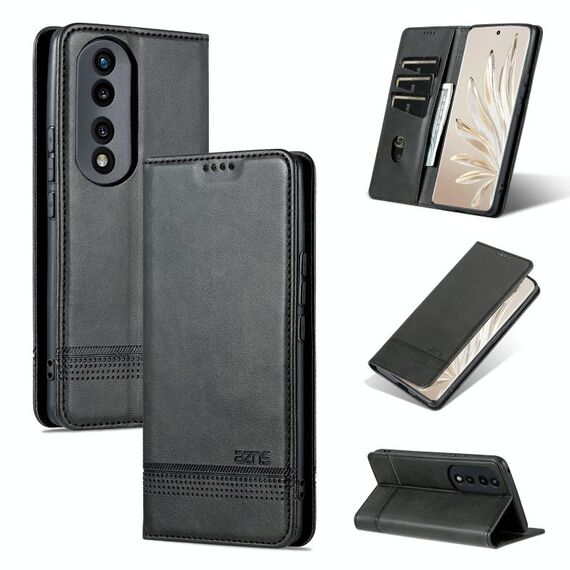 For Honor 90 AZNS Custodia per telefono in pelle a conchiglia con struttura in vitello magnetico (nero)