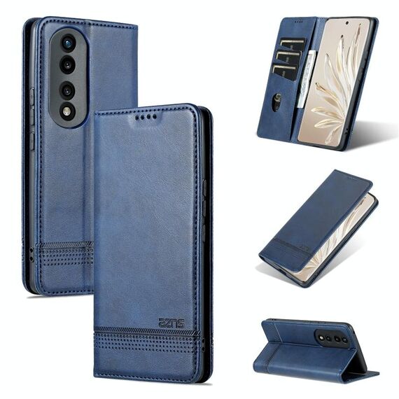 For Honor 90 Pro AZNS Custodia per telefono in pelle a conchiglia con struttura in vitello magnetico (blu scuro)