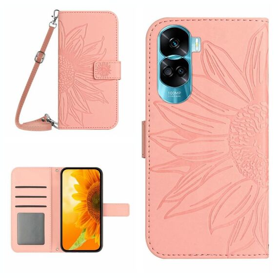 For Honor 90 Lite Skin Feel Custodia per cellulare in pelle con motivo Sun Flower con cordino (rosa)