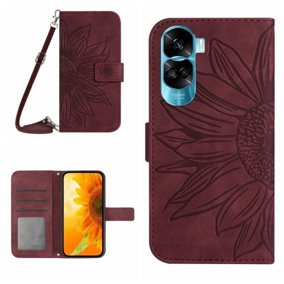 For Honor 90 Lite Skin Feel Custodia per telefono in pelle con motivo a fiori di sole con cordino (rosso vino)
