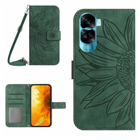 For Honor 90 Lite Skin Feel Custodia per telefono in pelle con motivo a fiore di sole con cordino (verde)