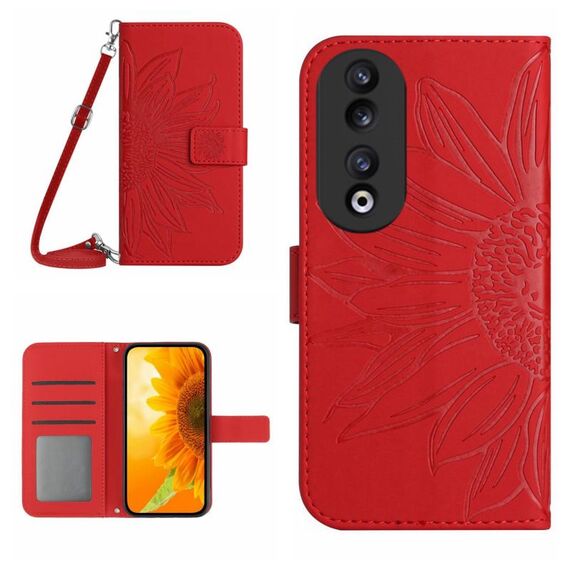 For Honor 90 Skin Feel Custodia per telefono in pelle con motivo a fiore di sole con cordino (rosso)
