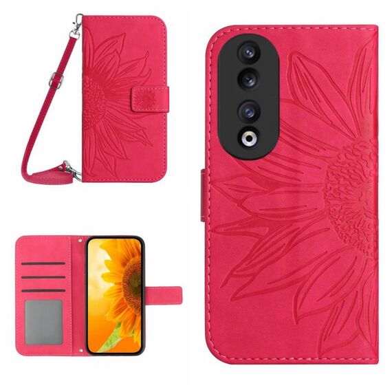 For Honor 90 Skin Feel Custodia per telefono in pelle con motivo a fiore di sole con cordino (rosa rossa)