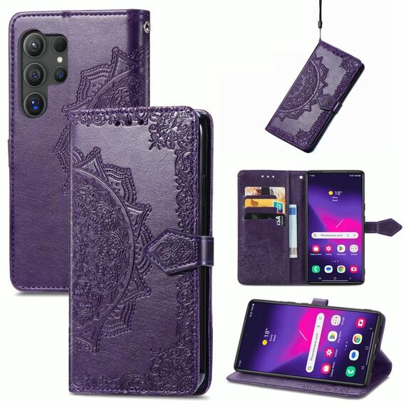 Custodia per telefono in pelle goffrata con fiori mandala per Samsung Galaxy S24 Ultra 5G (viola)
