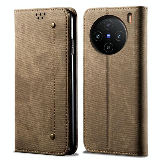 Custodia per cellulare in pelle flip con texture denim per vivo X100 (cachi)