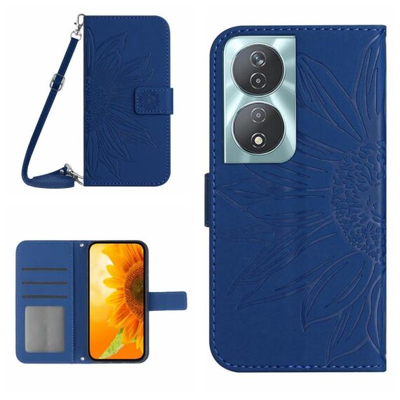 Custodia per cellulare in pelle con motivo Sun Flower per Honor 90 Smart Skin Feel con cordino (blu scuro)