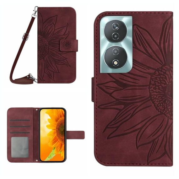 Custodia per cellulare in pelle con motivo Sun Flower per Honor 90 Smart Skin Feel con cordino (rosso vino)