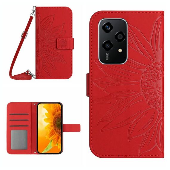 Custodia per telefono in pelle con motivo Sun Flower per Honor 200 Lite Skin Feel con cordino (rosso)
