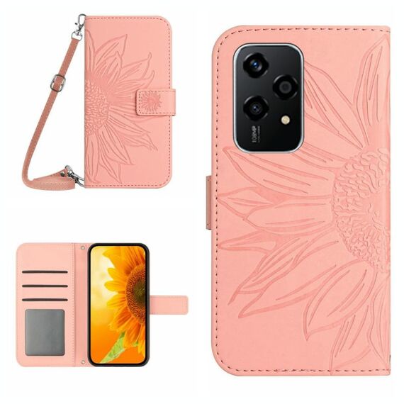 Custodia per cellulare in pelle con motivo Sun Flower per Honor 200 Lite Skin Feel con cordino (rosa)