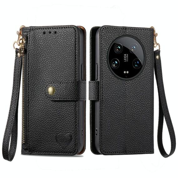 Per Xiaomi 14 Ultra Love Custodia in pelle con cordino con cerniera (nera)
