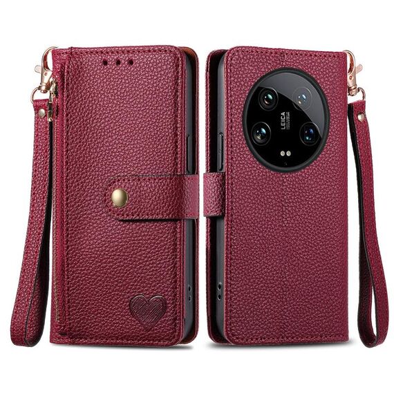 Per Xiaomi 14 Ultra Love Custodia in pelle con cordino con cerniera (rossa)