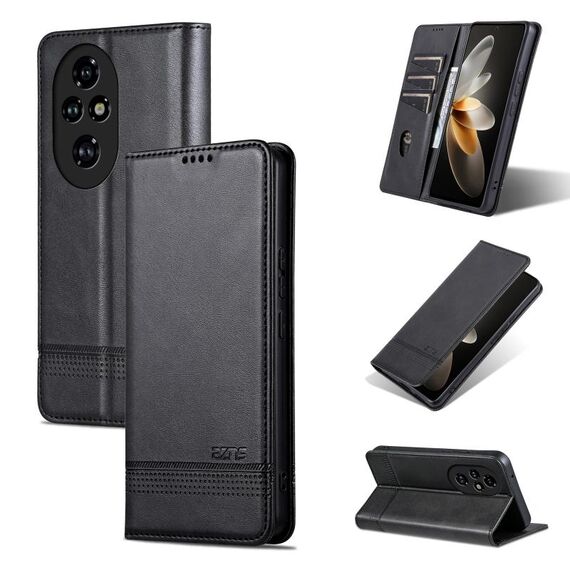 Custodia per telefono in pelle di vitello con texture magnetica per Honor 200 AZNS (nero)
