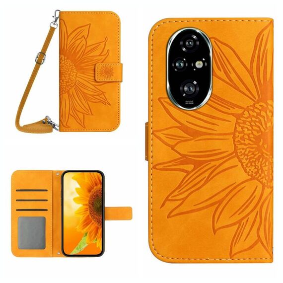 Custodia per cellulare in pelle con motivo Sun Flower per Honor 200 5G Global Skin Feel con cordino (giallo)