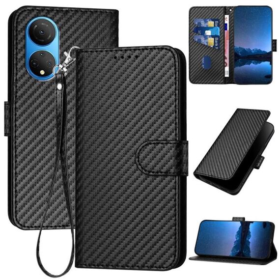 Per Honor X7 4G / Play 30 Plus YX0070 Custodia per telefono in pelle con fibbia in fibra di carbonio con cordino (nero)