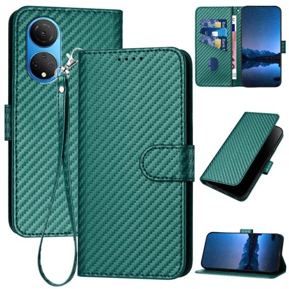 Per Honor X7 4G / Play 30 Plus YX0070 Custodia per cellulare in pelle con fibbia in fibra di carbonio con cordino (verde scuro)