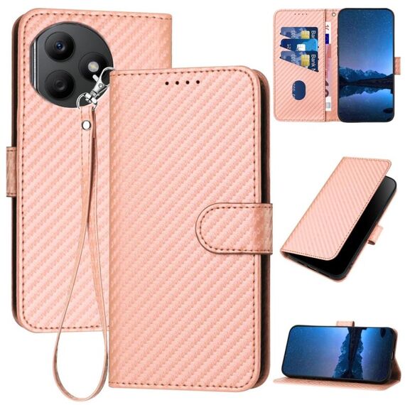 Custodia per telefono in pelle con fibbia in fibra di carbonio per Honor X50i + YX0070 con cordino (rosa)