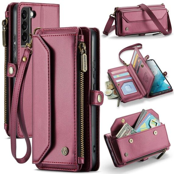 Per Samsung Galaxy S22+ 5G CaseMe C36 Slot per schede Portafoglio con cerniera Custodia per telefono in pelle antifurto RFID (Vino Rosso)