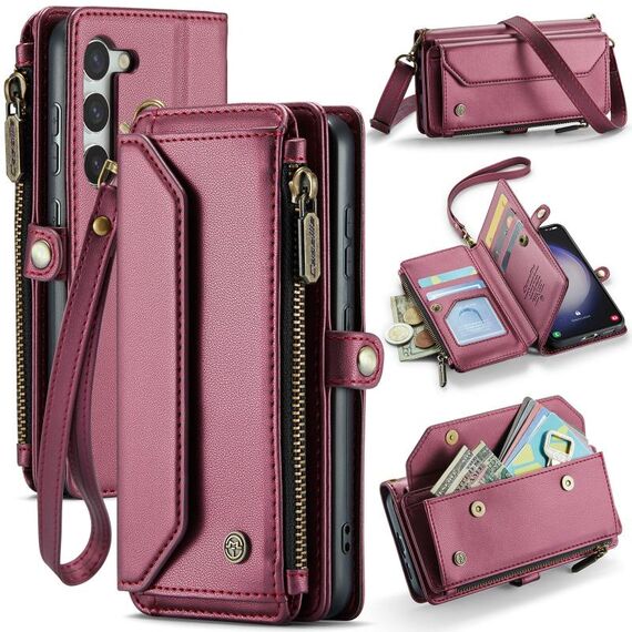 Per Samsung Galaxy S23 5G CaseMe C36 Slot per schede Portafoglio con cerniera Custodia per telefono in pelle antifurto RFID (Vino Rosso)