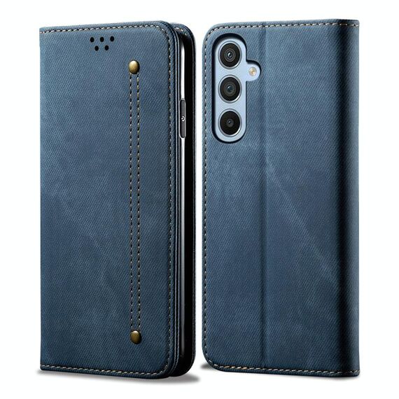 Per Samsung Galaxy S24 FE 5G Custodia in pelle con chiusura orizzontale stile casual con texture denim (blu)