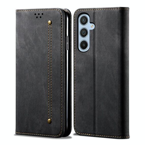 Per Samsung Galaxy S24 FE 5G Custodia in pelle con flip orizzontale stile casual con texture denim (nero)