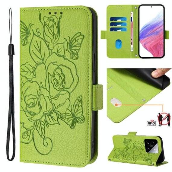 Per Xiaomi 14 5G Custodia in pelle antifurto RFID con motivo a rose in rilievo (verde)
