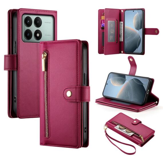 Per Redmi K70E / Xiaomi Poco X6 Pro Portafoglio con nove slot per schede e cerniera Custodia in pelle per telefono (rosso)