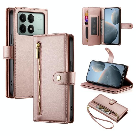 Per Redmi K70E / Xiaomi Poco X6 Pro Portafoglio con nove slot per schede e cerniera Custodia in pelle per telefono (rosa)