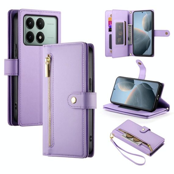 Per Redmi K70E / Xiaomi Poco X6 Pro Portafoglio con cerniera e nove slot per schede Custodia in pelle per telefono (viola)