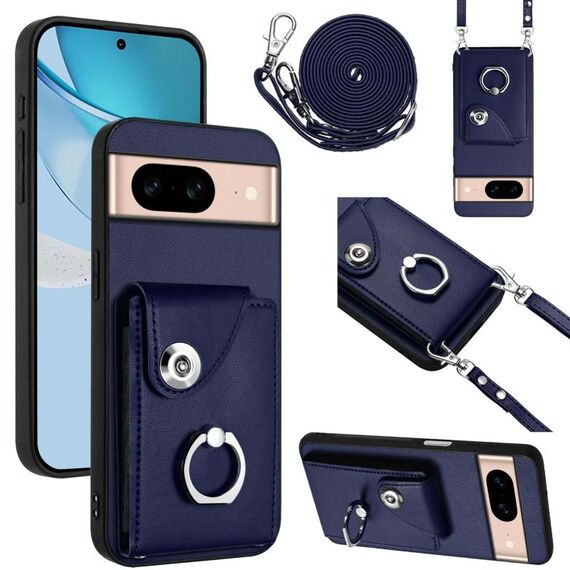 Per Google Pixel 8a Custodia per telefono con anello porta carte e cordino lungo (blu)