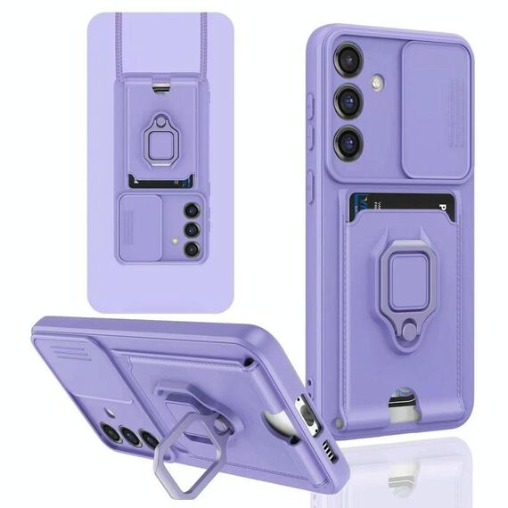 Custodia per telefono in silicone con porta carte magnetico scorrevole Camshield per Samsung Galaxy A52 4G / 5G (viola chiaro)