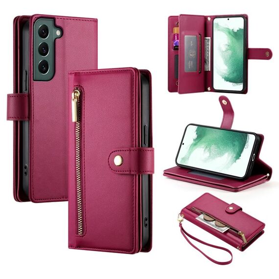 Per Samsung Galaxy S22+ 5G Custodia in pelle con cerniera e nove slot per schede (rosso)