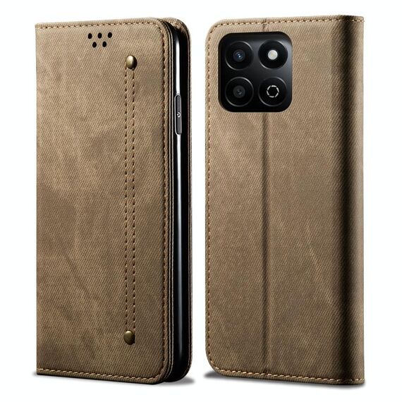 Custodia per telefono in pelle Flip con texture denim globale per Honor Play 60 Plus (cachi)