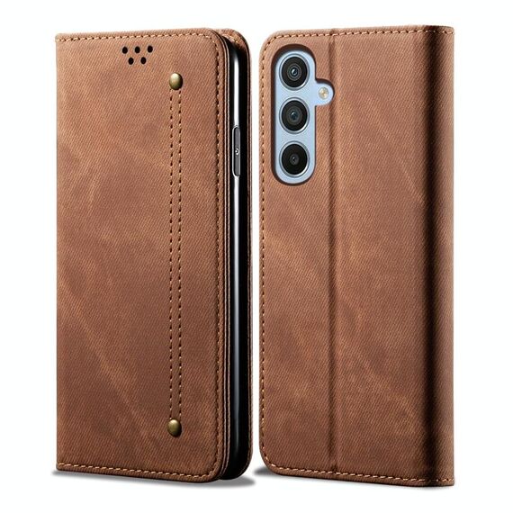 Per Samsung Galaxy S25+ 5G Custodia in pelle con flip orizzontale stile casual con texture denim (marrone)