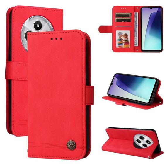 Per Redmi 14C 4G Custodia in pelle con bottoni in metallo Life Tree Skin Feel (rosso)