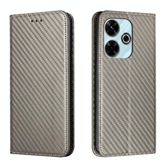 Per Xiaomi Redmi 13 4G Custodia per telefono in pelle con texture in fibra di carbonio e magnetica (grigio)