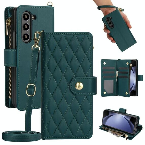 Per Samsung Galaxy Z Fold6 Rhombic Zipper Card Wallet Custodia in pelle per telefono con cordino (verde)