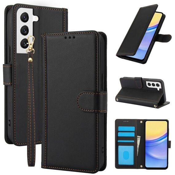 Per Samsung Galaxy S22+ 5G Custodia in pelle con slot per schede di colore puro con doppio cordino (nero)