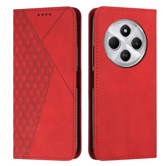 Per Redmi 14C 4G Custodia per telefono in pelle magnetica con effetto pelle con cuciture a diamante (rosso)