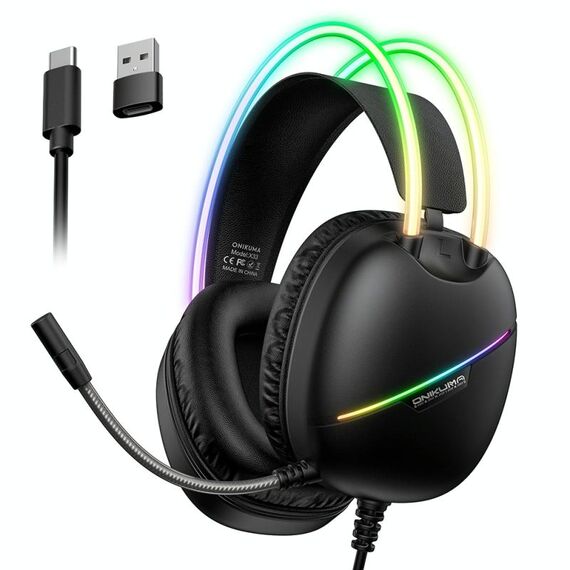 Cuffie da gioco e-sport con luce RGB montata sulla testa ONIKUMA X33, lunghezza cavo: 2 m (nero)