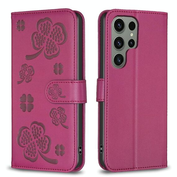 Per Samsung Galaxy S25 Ultra 5G Custodia per telefono in pelle goffrata a quattro foglie (rosso rosa)