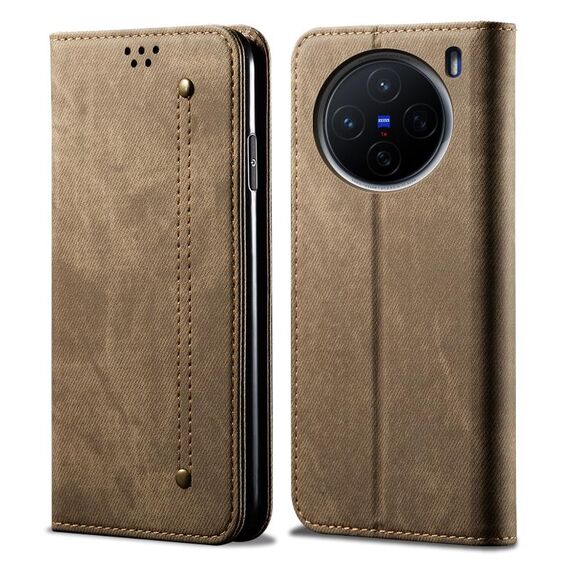 Per vivo X200 Pro mini Custodia in pelle con texture denim Flip (cachi)
