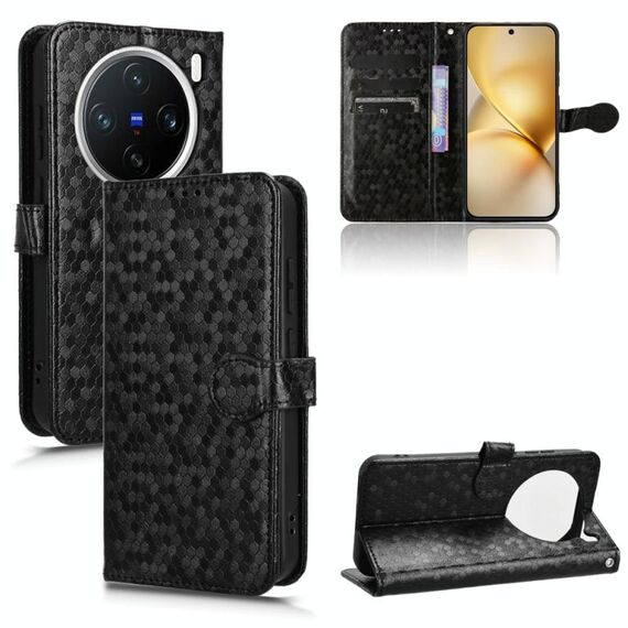 Per vivo X200 5G Custodia in pelle con trama a nido d'ape a pois (nero)