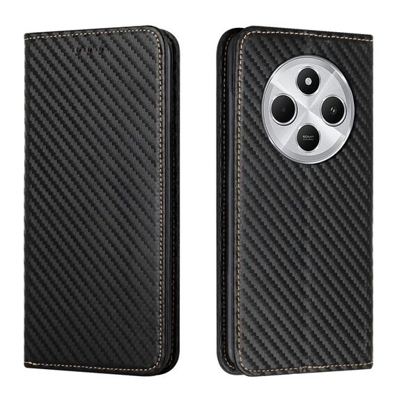 Per Redmi 14C 4G Custodia in pelle con flip magnetico in fibra di carbonio (nero)