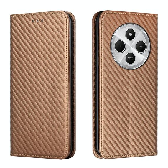 Per Redmi 14C 4G Custodia per telefono in pelle con texture in fibra di carbonio e magnetica (marrone)