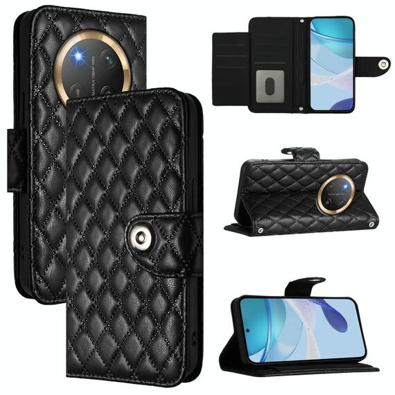 Per Honor X9c 5G Global Rhombic Texture Flip Custodia in Pelle per Telefono con Lanyard (Nero)