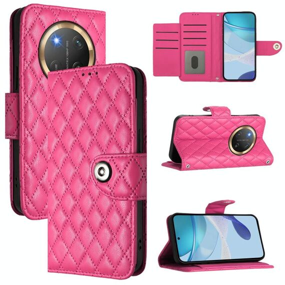 Per Honor X9c 5G Global Rhombic Texture Flip Custodia in Pelle per Telefono con Lanyard (Rosso Rosa)