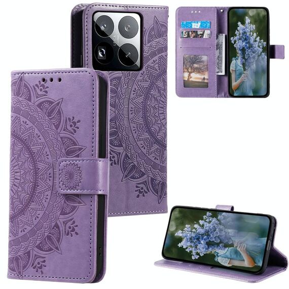 Per Xiaomi 15 Pro Custodia in pelle goffrata con fiore Totem con cordino (viola)