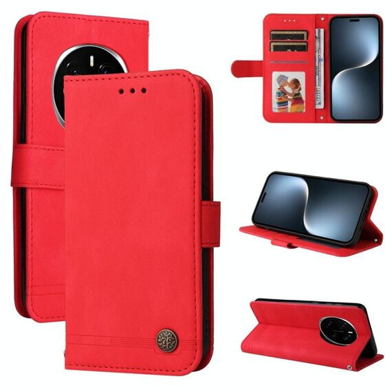 Custodia per telefono in pelle con bottoni in metallo e motivo albero della vita per Honor Magic7 Pro (rosso)
